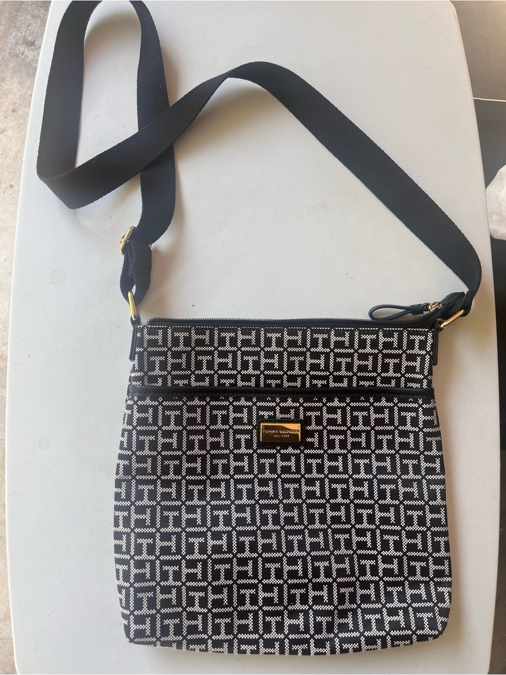 Tommy Hilfiger Black and White Monogram Crossbody Bag